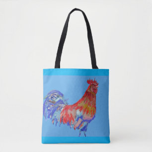 Canvas tas Rode en blauwe Waterverf Rooster