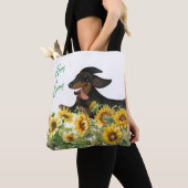 CANVAS TAS ZWARTE EN TAN DACHSHUND SUNFLOWERS (Dichtbij)