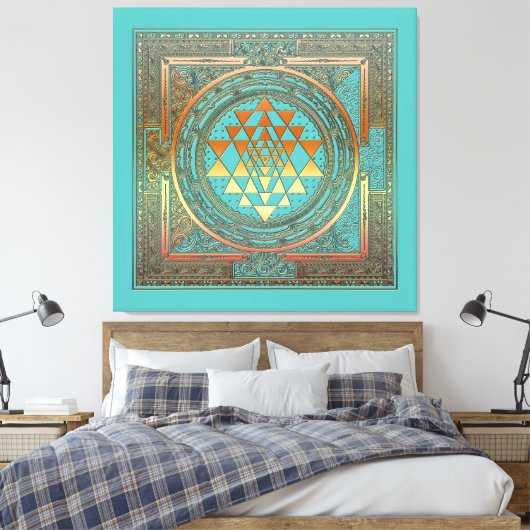 Canvas Yoga Manala Chakra Goud Symbool Turquoise (Insitu (Slaapkamer))