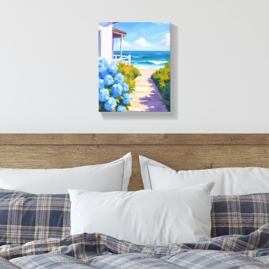 Cape Cod Beach Path | Hydrangea Coastal Painting Canvas Afdruk (Insitu (Slaapkamer))