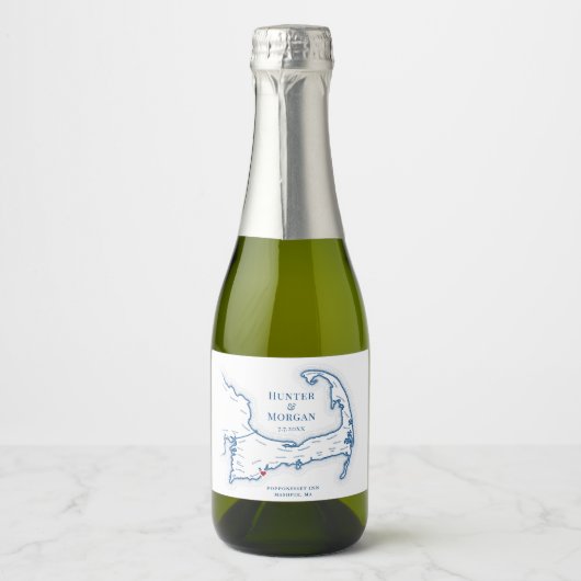 Cape Cod Bestemming Bruiloft Mini Fles Sparkling Wijnetiket (Voorkant)
