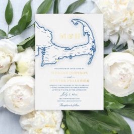 Cape Cod Bruiloft Elegante Marine en Goud Folie Uitnodiging