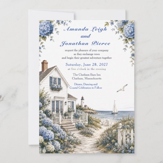 Cape Cod Hydrangea Cottage Kustbruiloft Kaart (Voorkant)