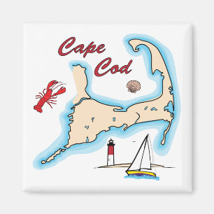 Cape Cod Kaart Illustratie Kreeft Zeilboot Shell Magneet