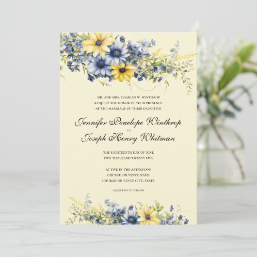 Cape Cod Zachte Gele Bloemen Bruiloft Uitnodiging (Staand voorkant)