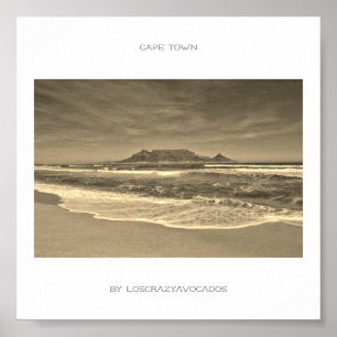 Cape Town Table Mountain Beach Ocean Sepia Poster