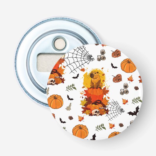 Capibara Halloween. Heksenpompoen. Button Flesopener (Voorkant)