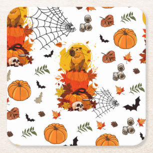Capibara Halloween. Heksenpompoen. Vierkante Kartonnen Onderzetter