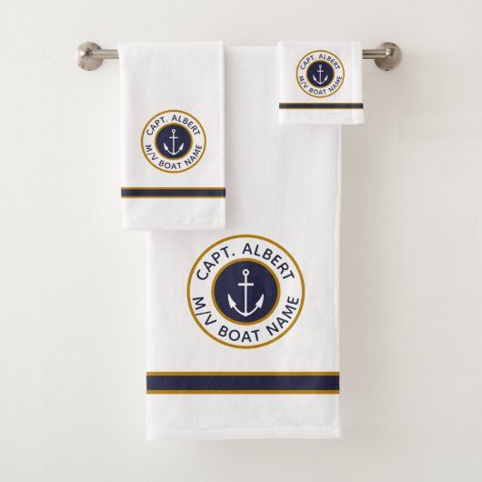 Capitaine Votre nom White Navy Blue Gold Serviette (En situation)
