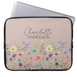 Cappuccino Waterverf Wildflower Naam Monogram Laptop Sleeve