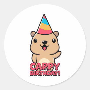 Cappy Verjaardag! Schattigee Capybara Pun Cartoon Ronde Sticker