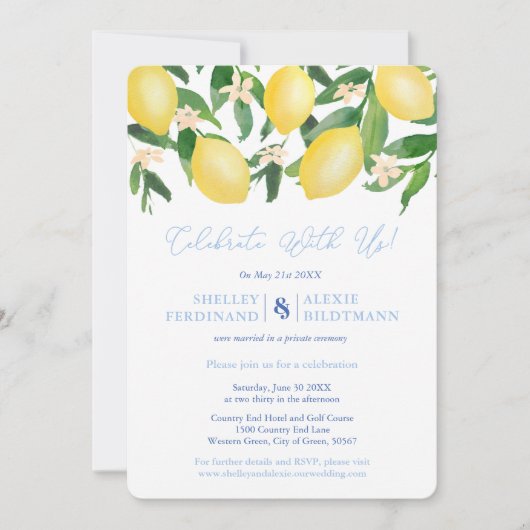 Capri-citrussen Blauwe Tegels Bruiloftsfeest na de Kaart (Voorkant)