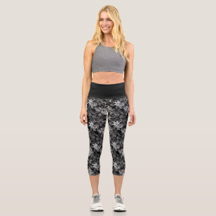 Capri Contraste Élégant : Leggings à Contour Floral Blan