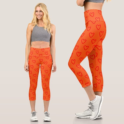Capri Cool Bright Orange Red Hearts Motifs Leggings