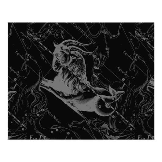 Capricorn Constellation Hevelius 1690 on Black Foto Afdruk (Voorkant)