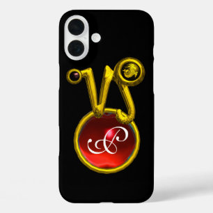 CAPRICORN GOLD ZODIAC SIGN RED RUBY MONOGRAM iPhone 16 PLUS HOESJE