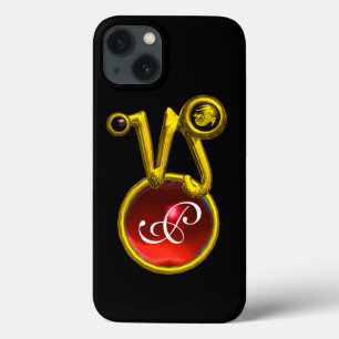 CAPRICORN GOLD ZODIAC SIGN RED RUBY MONOGRAM iPhone 13 HOESJE
