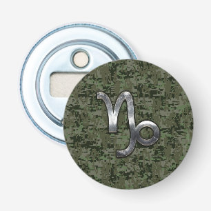Capricorn Zodiac Symbol Green Digital Camouflage Button Flesopener