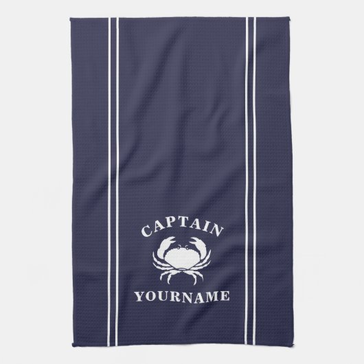 Captain Jouw naam Crab Navy Blauwe Keuken Handdoek (Verticaal)