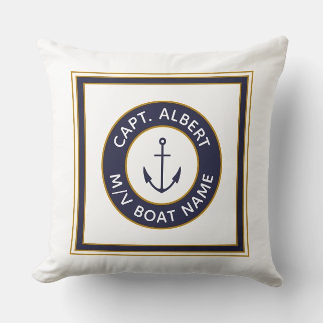 Captain Jouw naam Navy White Anchor Pillow Kussen (Voorkant)