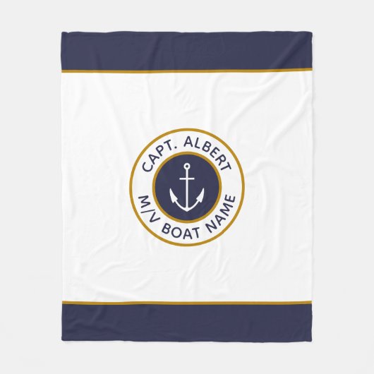 Captain Jouw naam Wit Blauw Anker Dekbed Hoesje Fleece Deken (Voorkant)