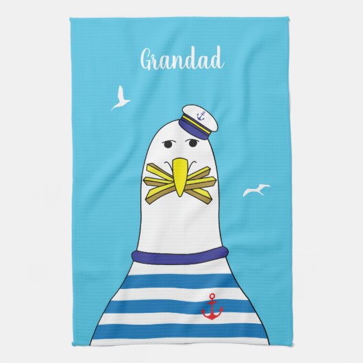 Captain Sailor Zeemeeuw Grappig Cartoon Karakter Theedoek (Verticaal)