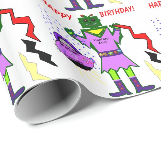 Captain Zoey Robot Roze Jurk Bloemen Ruimteschip Cadeaupapier (Rol Hoek)