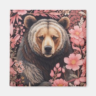 Captivating Bruin Beer Gaze Roze Bloemen Magneet