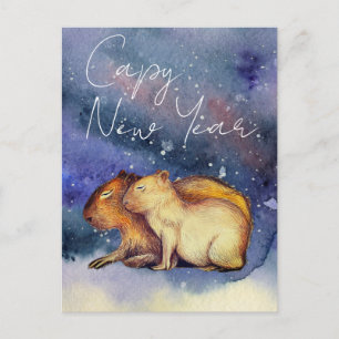 Capy New Year Cute Waterverf Capybara Baby & mama Briefkaart