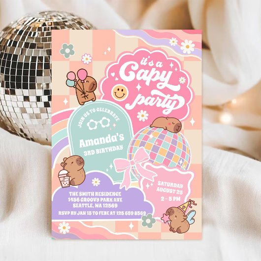 Capy Party Retro Groovy Daisy Birthday Invitation