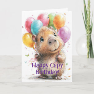 Capybara Birthday Card • Cute Balloon Design Kaart