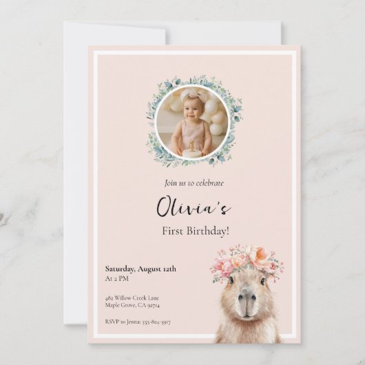 Capybara Birthday Invitation • Cute First Birthday (Voorkant)