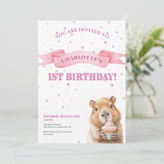 Capybara Birthday Invitation • Cute First Birthday Save The Date (Staand voorkant)