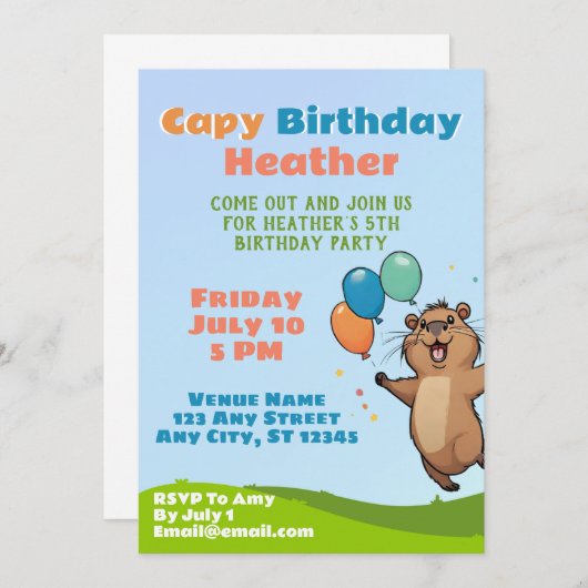 Capybara Capy Invitation de fête d'anniversaire (Devant / Derrière)