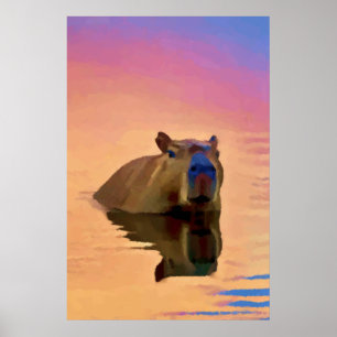 Capybara die oprijst uit een rustig meer poster