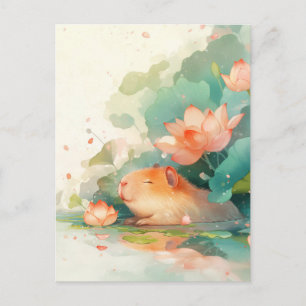 Capybara dutten in roze lotusbloemenvijver briefkaart