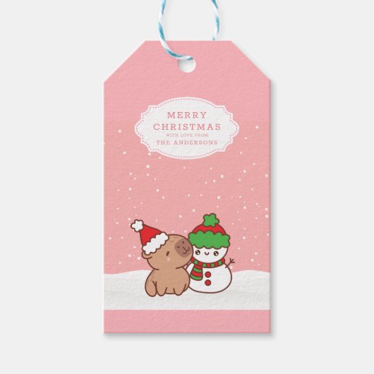 Capybara en Snowman Schattige kerstmis Cadeaulabel (Voorkant)