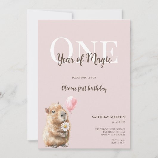 Capybara First Birthday Invitation • Woodland Girl (Devant)