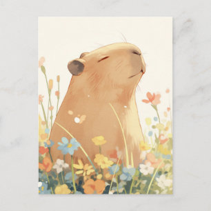 Capybara in Kleurrijke Zomerweide met Wilde Bloeme Briefkaart