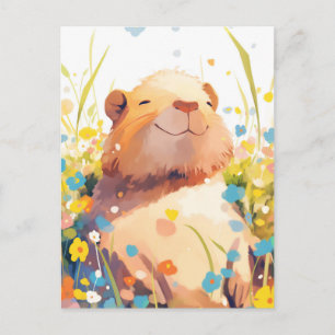 Capybara in Kleurrijke Zomerweide met Wilde Bloeme Briefkaart