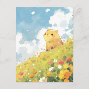 Capybara in zonnige bloemenweide aan de heuvels briefkaart