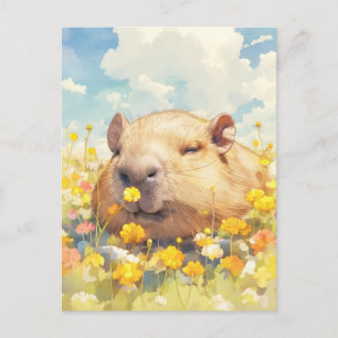 Capybara in zonnige gele weide vol wilde bloemen briefkaart