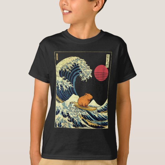 Capybara Japanese Kanagawa Wave Funny Surf Animal T-shirt (Voorkant)