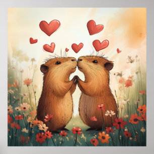 Capybara Love - Een romantisch weidemoment Poster