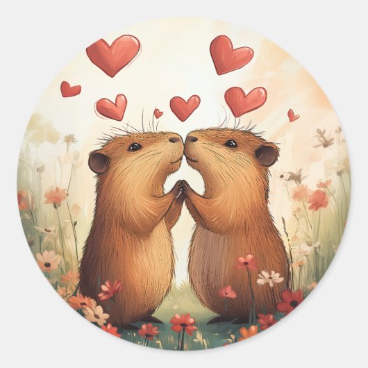 Capybara Love - Een romantisch weidemoment Ronde Sticker (Voorkant)