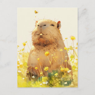 Capybara met Vlinder in Bloemenweide Briefkaart