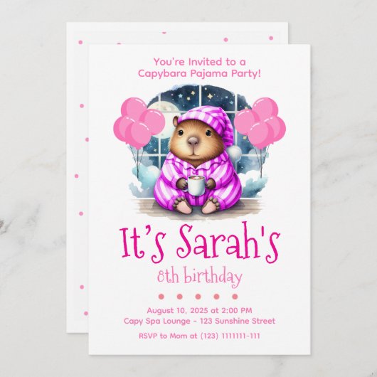 Capybara Pajama Birthday Party Invitation (Devant / Derrière)