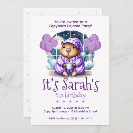Capybara Pajama Birthday Party Invitation  (Devant / Derrière)