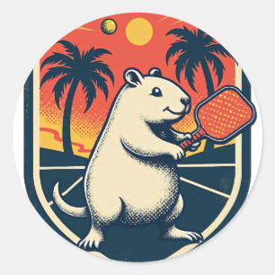 Capybara Pickleball Club Retro Logo - Vintage Spor Ronde Sticker