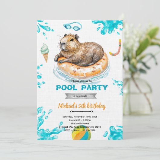 Capybara Pool Party Birthday Invitation (Debout devant)